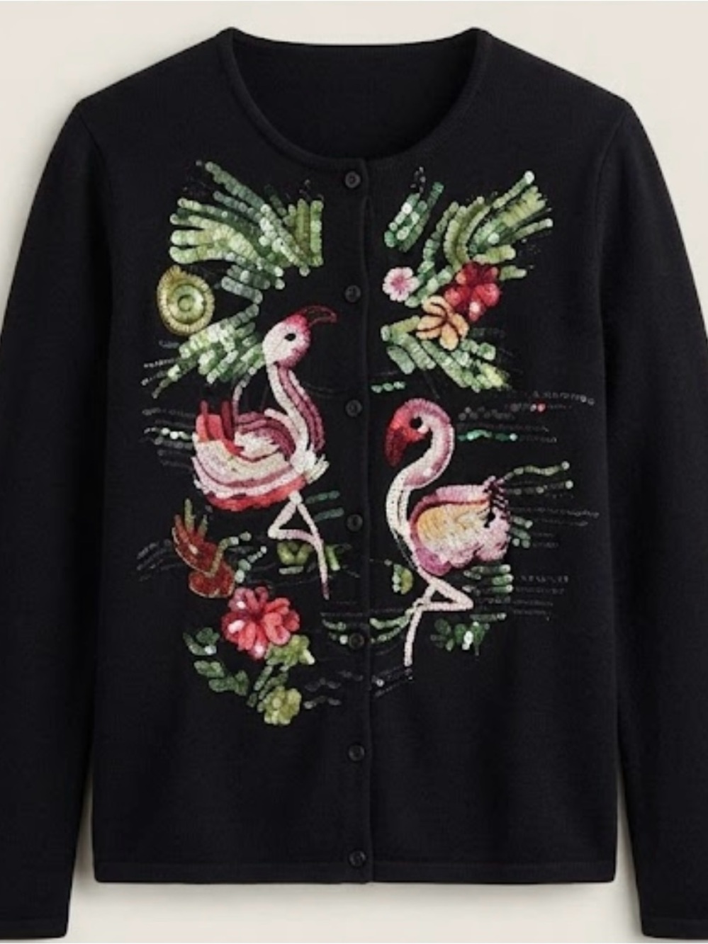 Paradiso Black Cotton Sequin Flamingo Beaded Cardigan Sweater Medium